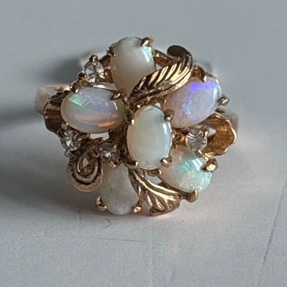 NWT heavy yellow 18kt gold electroplate ring Sz 7 w/6 opals floral - Picture 2 of 9